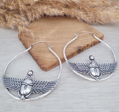 Large scarab beetle earrings / Silver hoops / Big hoops / Statement earrings / Beetle / Gift / Silver jewellery / Tribal