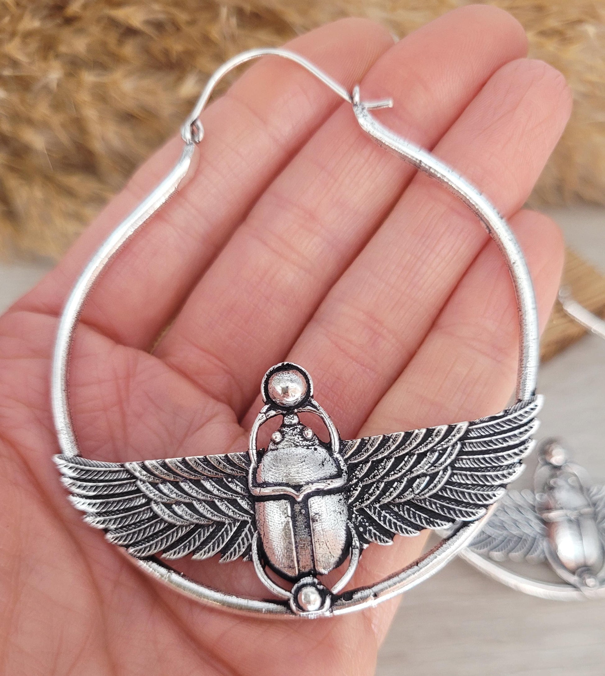 Large scarab beetle earrings / Silver hoops / Big hoops / Statement earrings / Beetle / Gift / Silver jewellery / Tribal