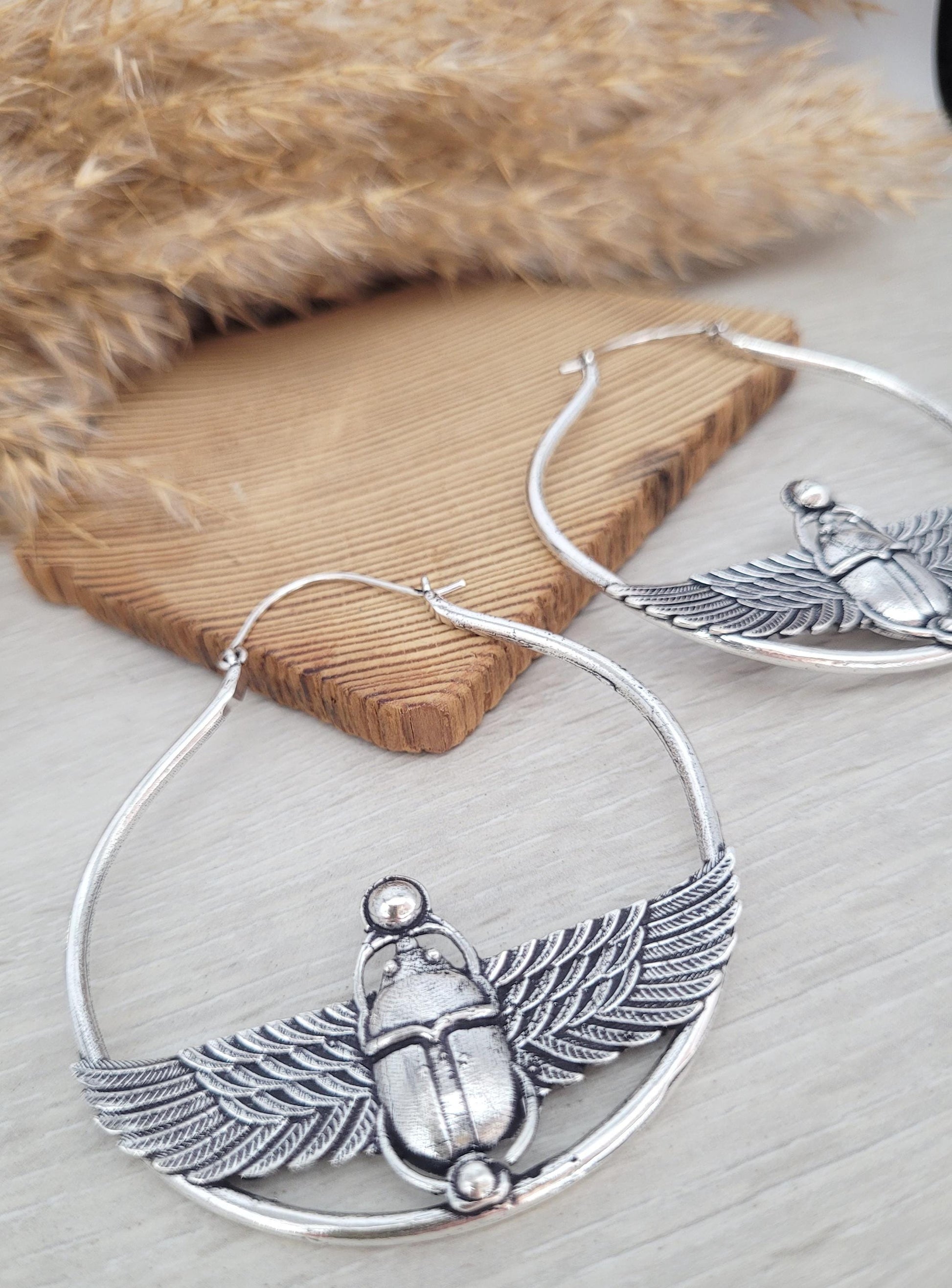 Large scarab beetle earrings / Silver hoops / Big hoops / Statement earrings / Beetle / Gift / Silver jewellery / Tribal