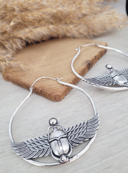 Large scarab beetle earrings / Silver hoops / Big hoops / Statement earrings / Beetle / Gift / Silver jewellery / Tribal