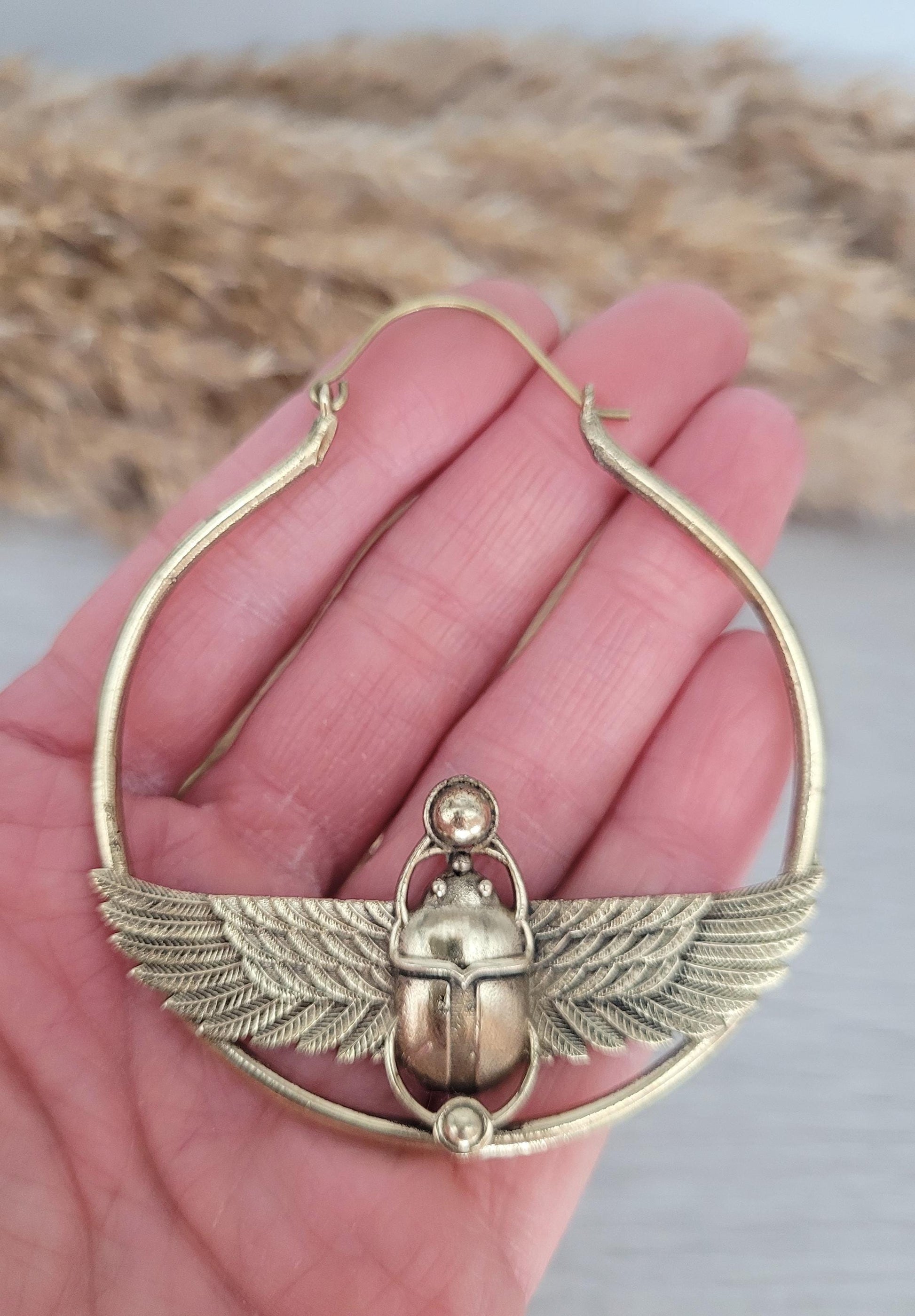 Large scarab beetle earrings / Gold hoops / Big hoops / Statement earrings / Beetle / Gift / Brass jewellery / Tribal