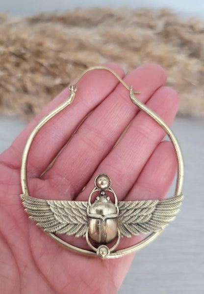Large scarab beetle earrings / Gold hoops / Big hoops / Statement earrings / Beetle / Gift / Brass jewellery / Tribal