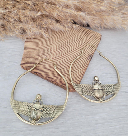 Large scarab beetle earrings / Gold hoops / Big hoops / Statement earrings / Beetle / Gift / Brass jewellery / Tribal