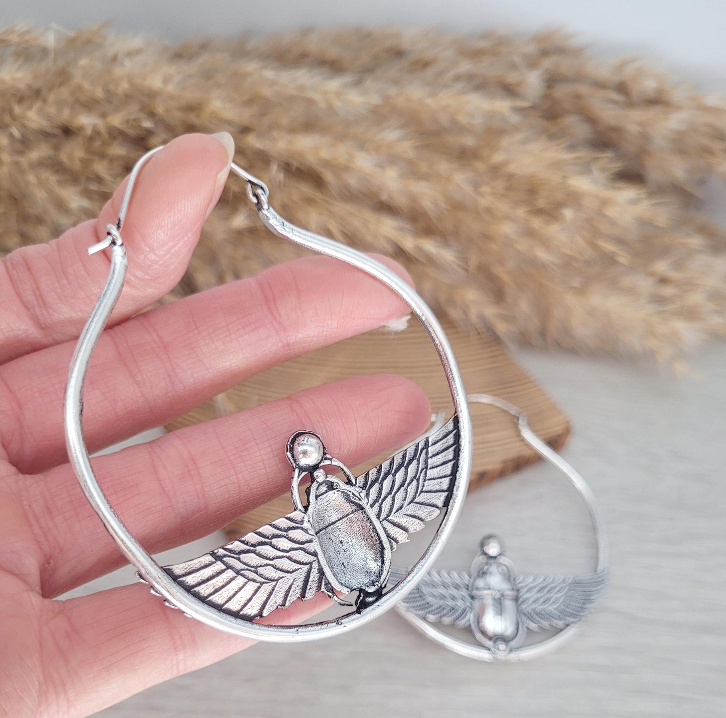 Large scarab beetle earrings / Silver hoops / Big hoops / Statement earrings / Beetle / Gift / Silver jewellery / Tribal