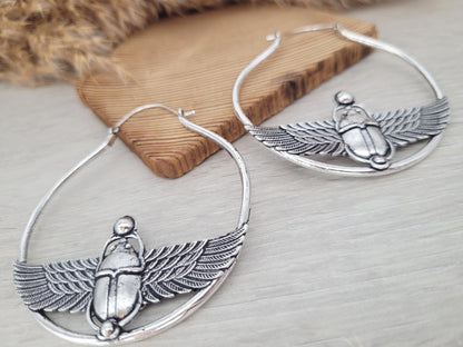 Large scarab beetle earrings / Silver hoops / Big hoops / Statement earrings / Beetle / Gift / Silver jewellery / Tribal