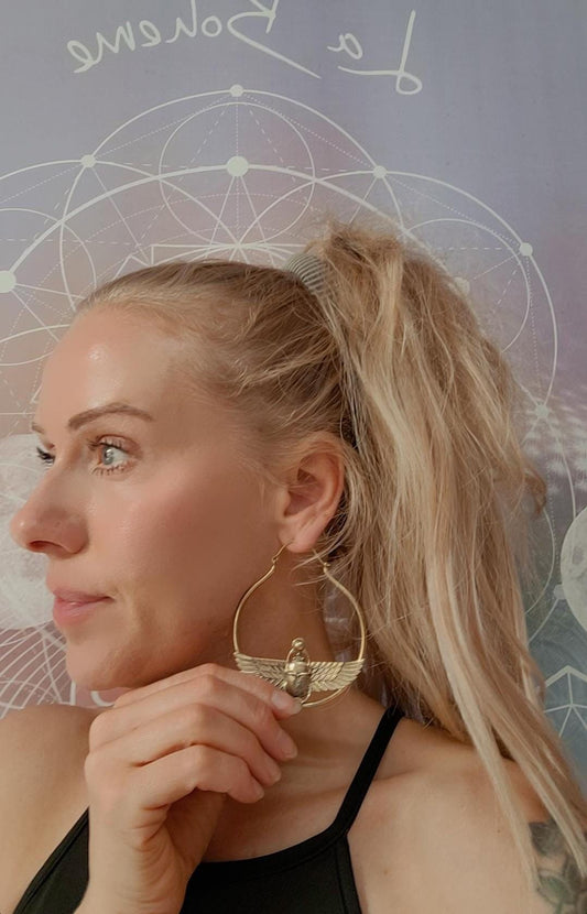 Large scarab beetle earrings / Gold hoops / Big hoops / Statement earrings / Beetle / Gift / Brass jewellery / Tribal