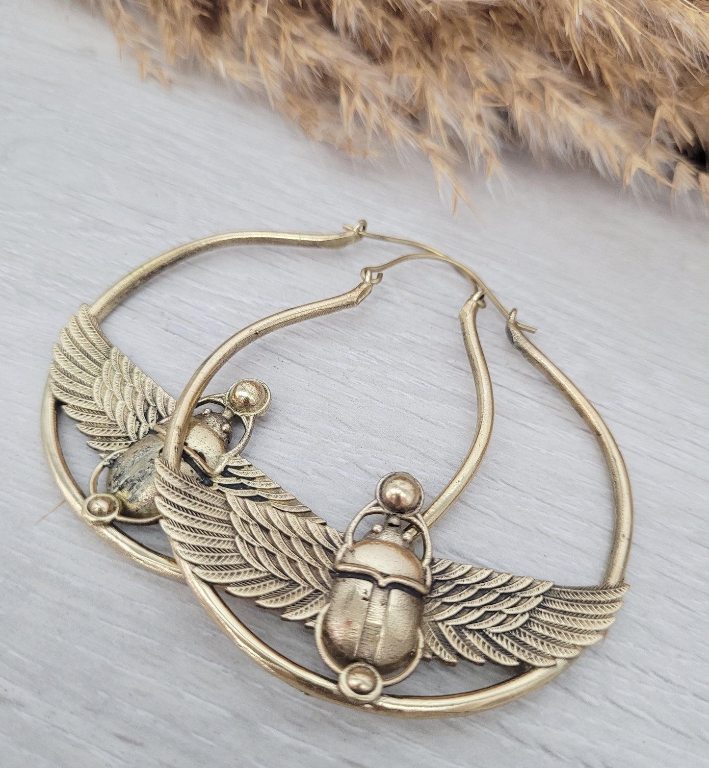 Large scarab beetle earrings / Gold hoops / Big hoops / Statement earrings / Beetle / Gift / Brass jewellery / Tribal
