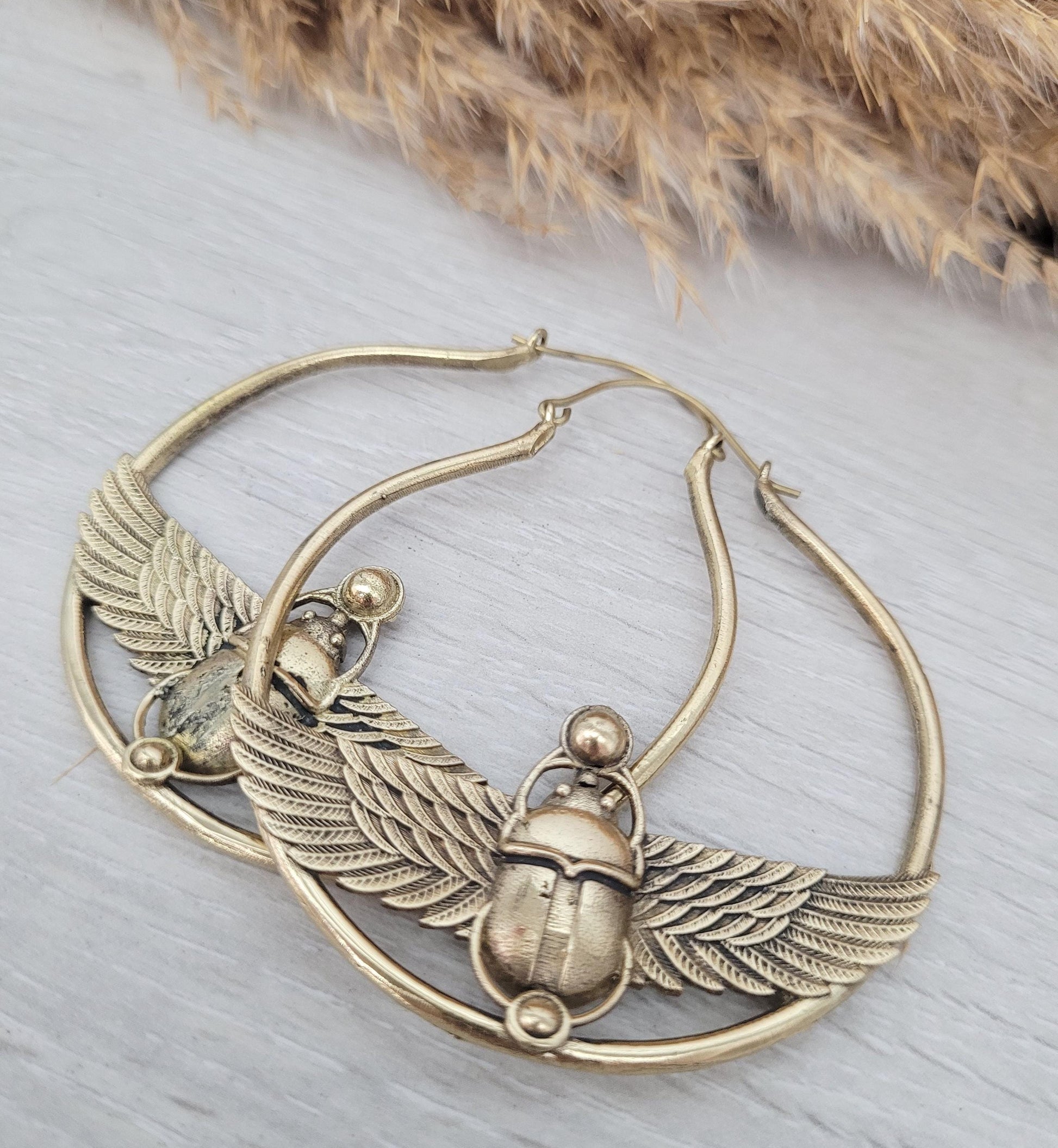 Large scarab beetle earrings / Gold hoops / Big hoops / Statement earrings / Beetle / Gift / Brass jewellery / Tribal