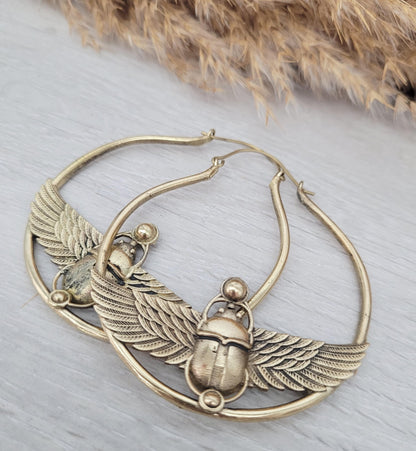 Large scarab beetle earrings / Gold hoops / Big hoops / Statement earrings / Beetle / Gift / Brass jewellery / Tribal
