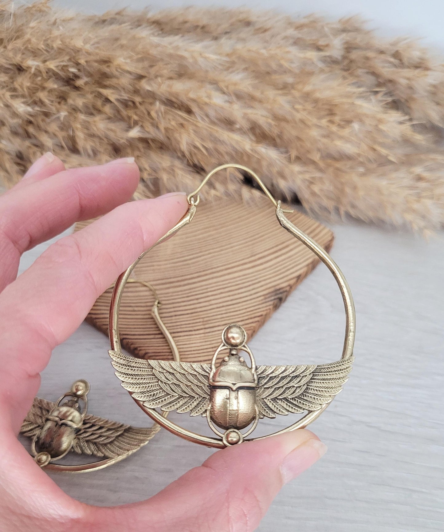 Large scarab beetle earrings / Gold hoops / Big hoops / Statement earrings / Beetle / Gift / Brass jewellery / Tribal