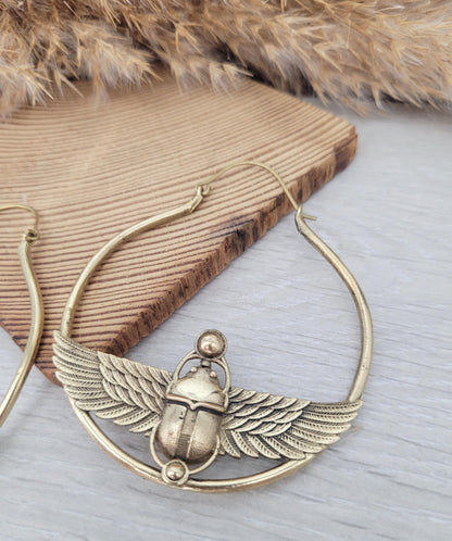 Large scarab beetle earrings / Gold hoops / Big hoops / Statement earrings / Beetle / Gift / Brass jewellery / Tribal