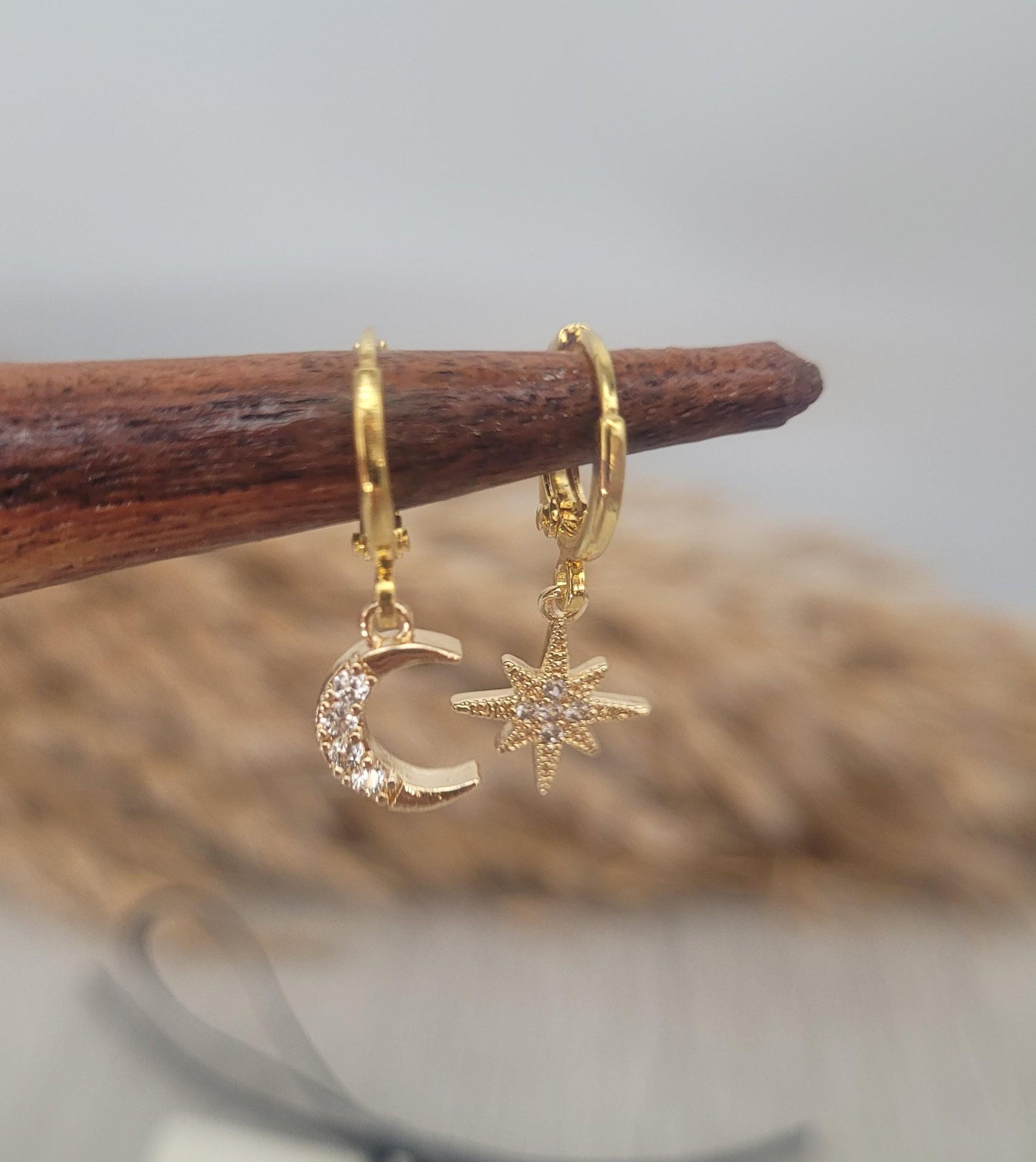 Gold huggie hoops / Moon earrings / Star / Hoops / 18k Gold plated / Gift / Cute / Wedding / Bridesmaid / Boho / Ethnic style