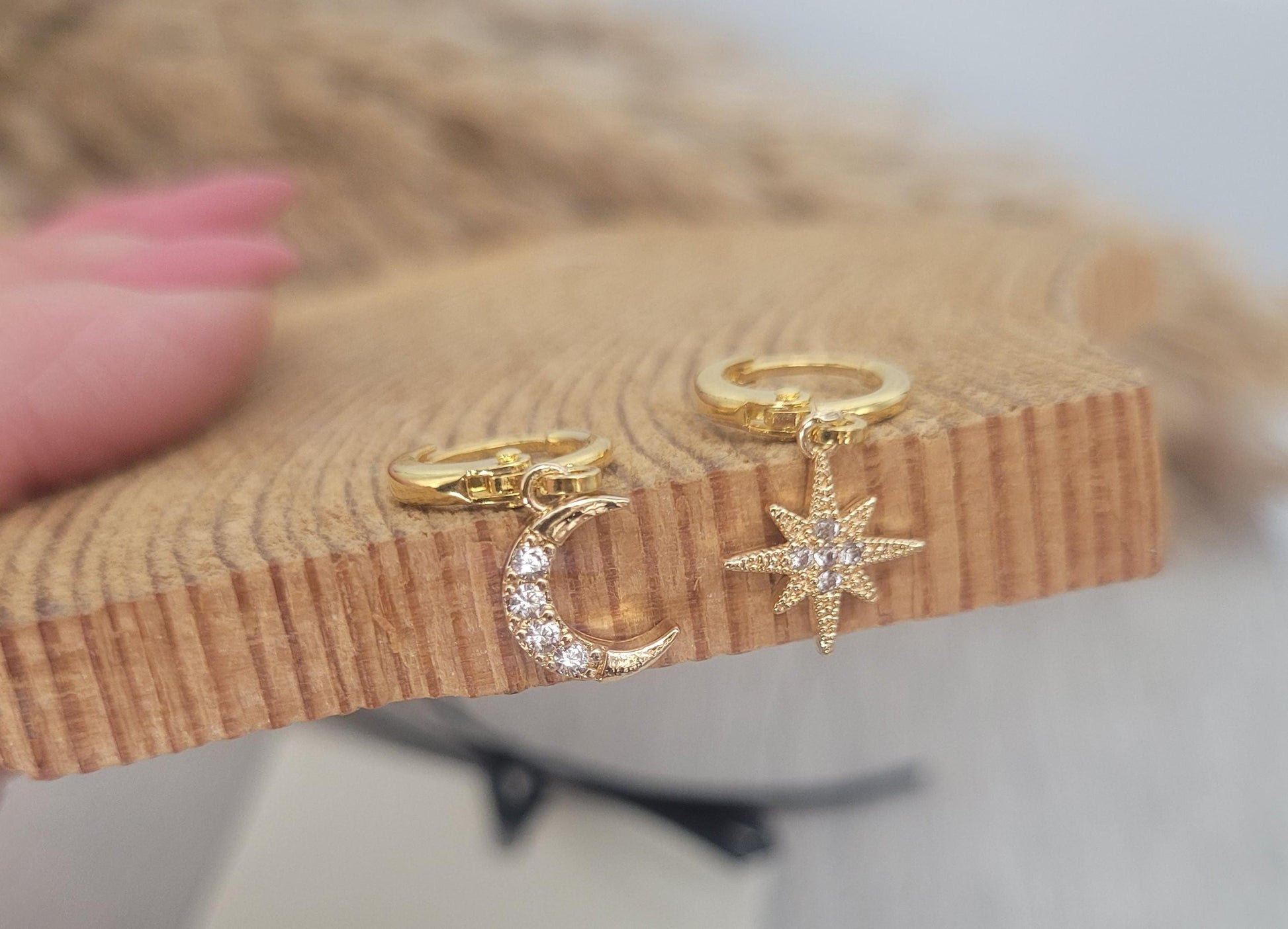 Gold huggie hoops / Moon earrings / Star / Hoops / 18k Gold plated / Gift / Cute / Wedding / Bridesmaid / Boho / Ethnic style