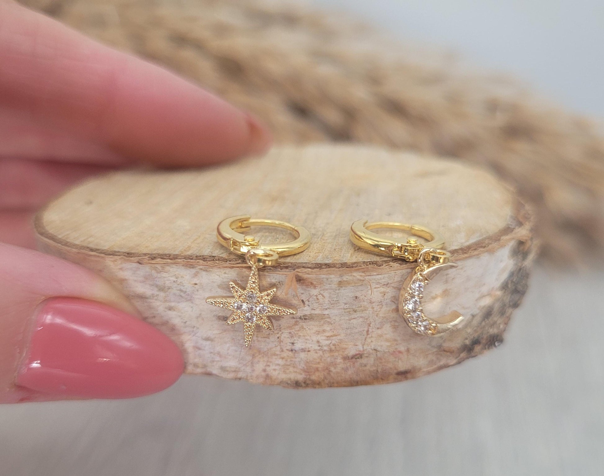 Gold huggie hoops / Moon earrings / Star / Hoops / 18k Gold plated / Gift / Cute / Wedding / Bridesmaid / Boho / Ethnic style