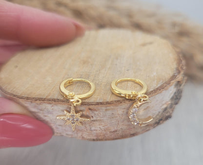 Gold huggie hoops / Moon earrings / Star / Hoops / 18k Gold plated / Gift / Cute / Wedding / Bridesmaid / Boho / Ethnic style