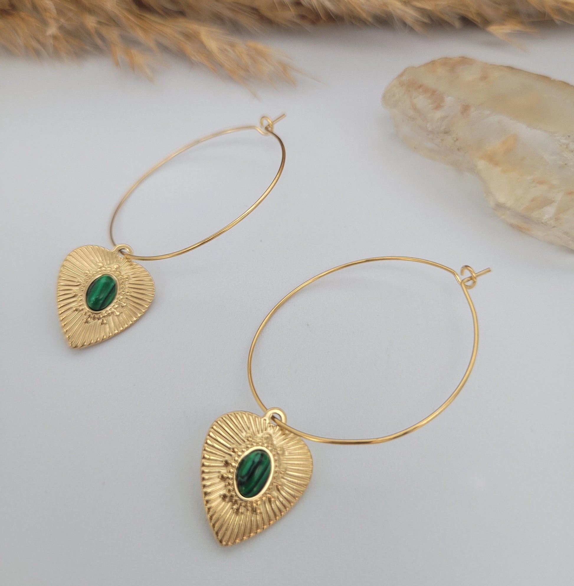 Gold hoops / Malachite / Hoop earrings / 18k gold plated / Gift / Crystal / Wedding / Bridesmaid