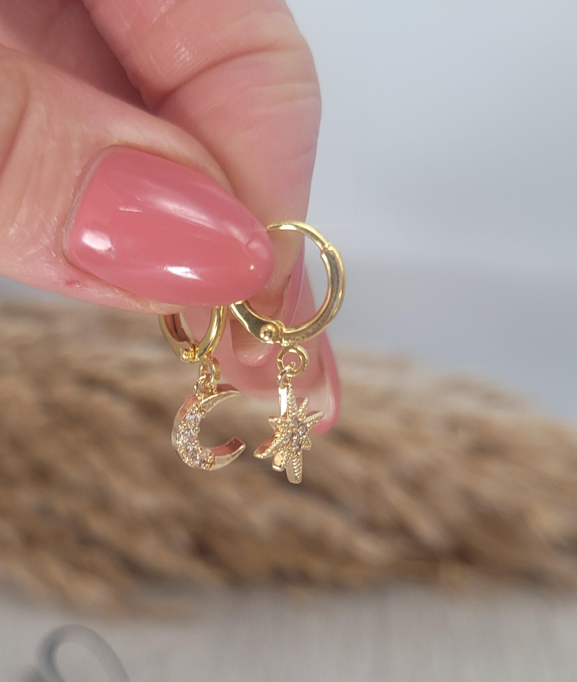 Gold huggie hoops / Moon earrings / Star / Hoops / 18k Gold plated / Gift / Cute / Wedding / Bridesmaid / Boho / Ethnic style