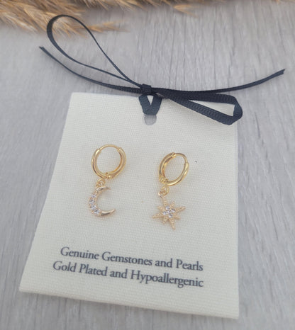 Gold huggie hoops / Moon earrings / Star / Hoops / 18k Gold plated / Gift / Cute / Wedding / Bridesmaid / Boho / Ethnic style
