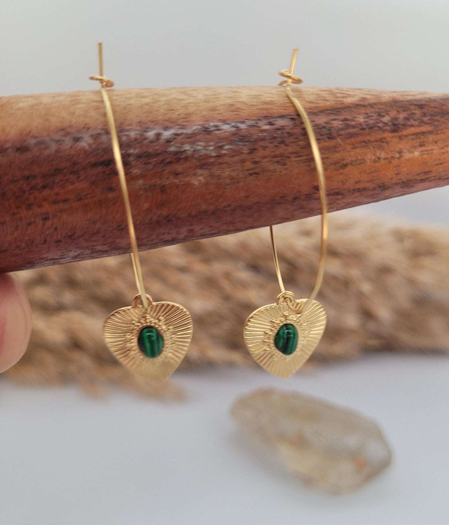 Gold hoops / Malachite / Hoop earrings / 18k gold plated / Gift / Crystal / Wedding / Bridesmaid