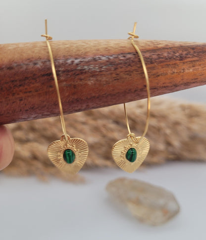 Gold hoops / Malachite / Hoop earrings / 18k gold plated / Gift / Crystal / Wedding / Bridesmaid