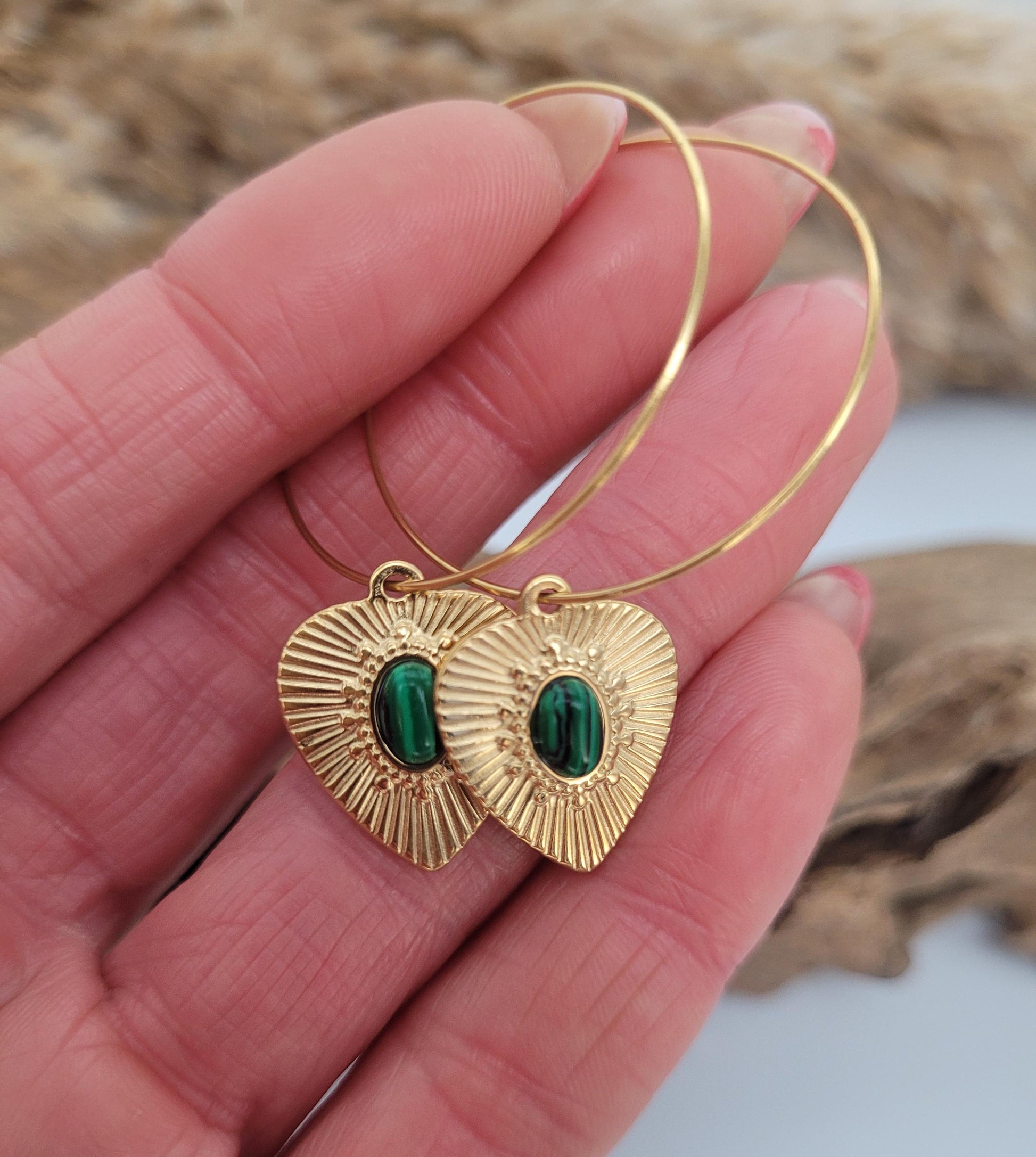 Gold hoops / Malachite / Hoop earrings / 18k gold plated / Gift / Crystal / Wedding / Bridesmaid