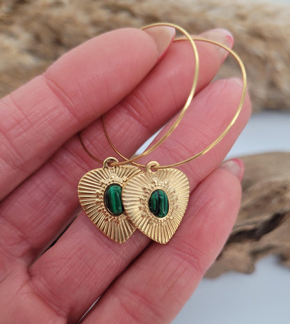 Gold hoops / Malachite / Hoop earrings / 18k gold plated / Gift / Crystal / Wedding / Bridesmaid