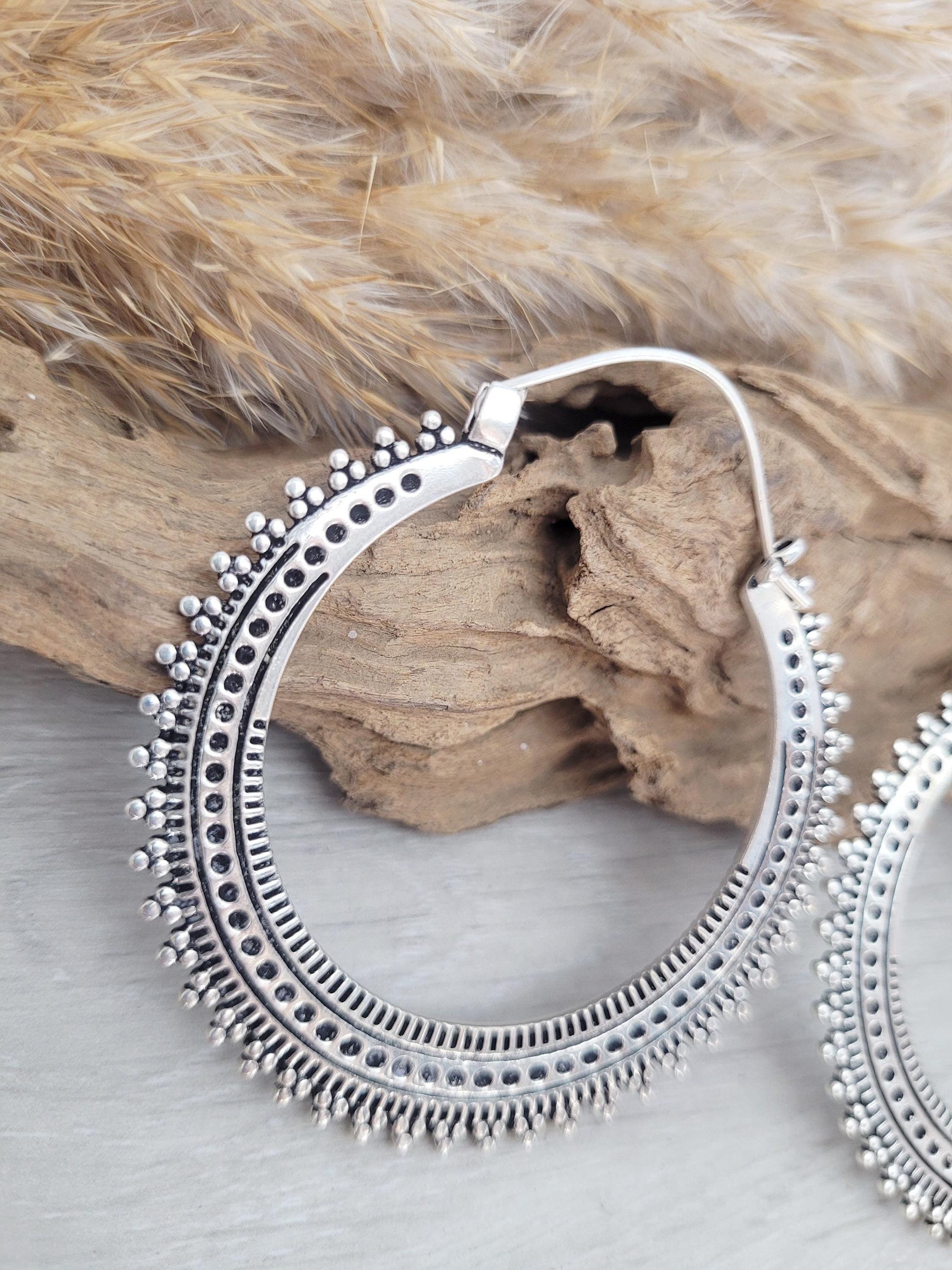 Silver large detailed hoops / Silver hoops / Ear weights / Festivals / Gypsy / Gift / Jewellery / Statement