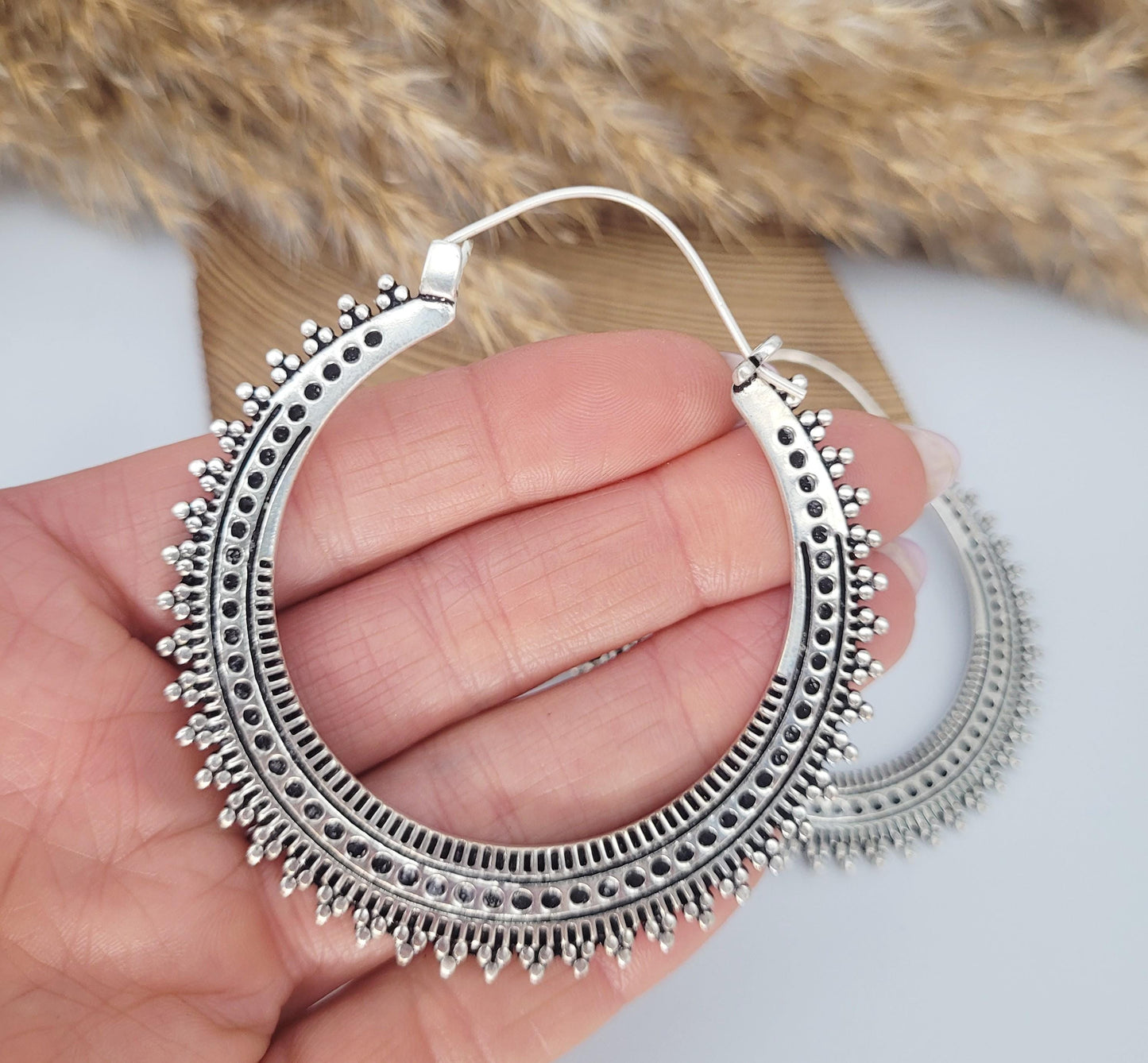 Silver large detailed hoops / Silver hoops / Ear weights / Festivals / Gypsy / Gift / Jewellery / Statement
