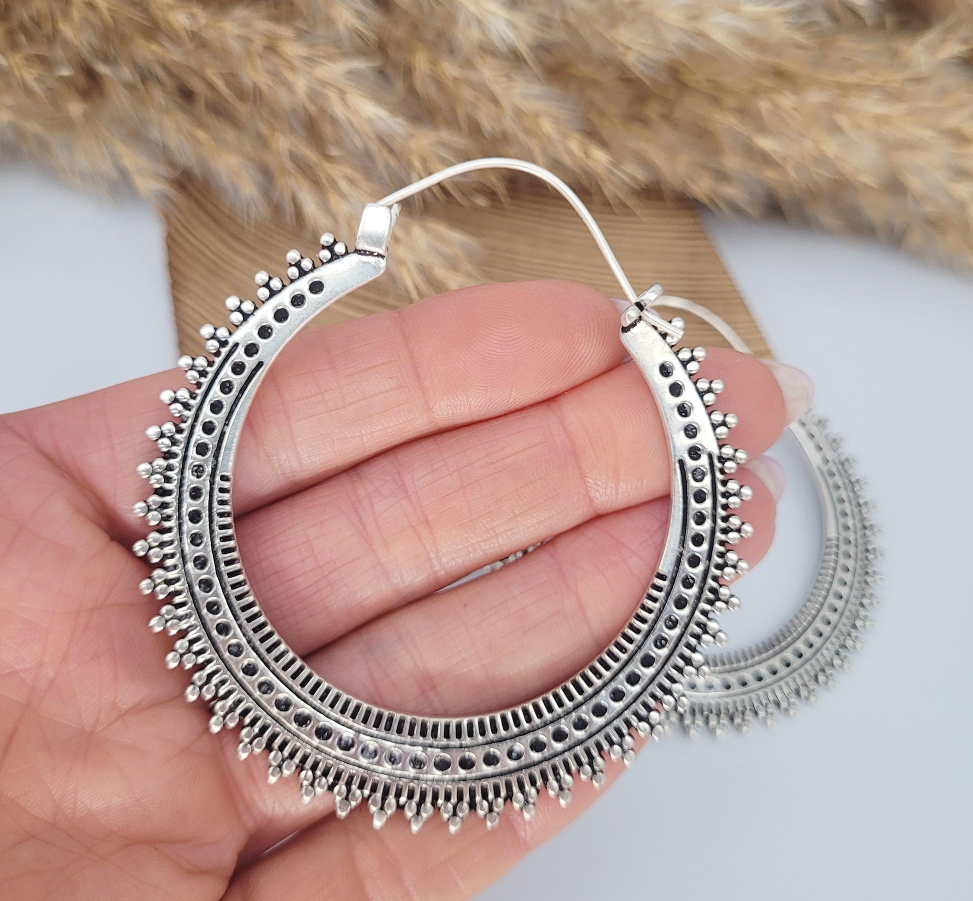 Silver large detailed hoops / Silver hoops / Ear weights / Festivals / Gypsy / Gift / Jewellery / Statement