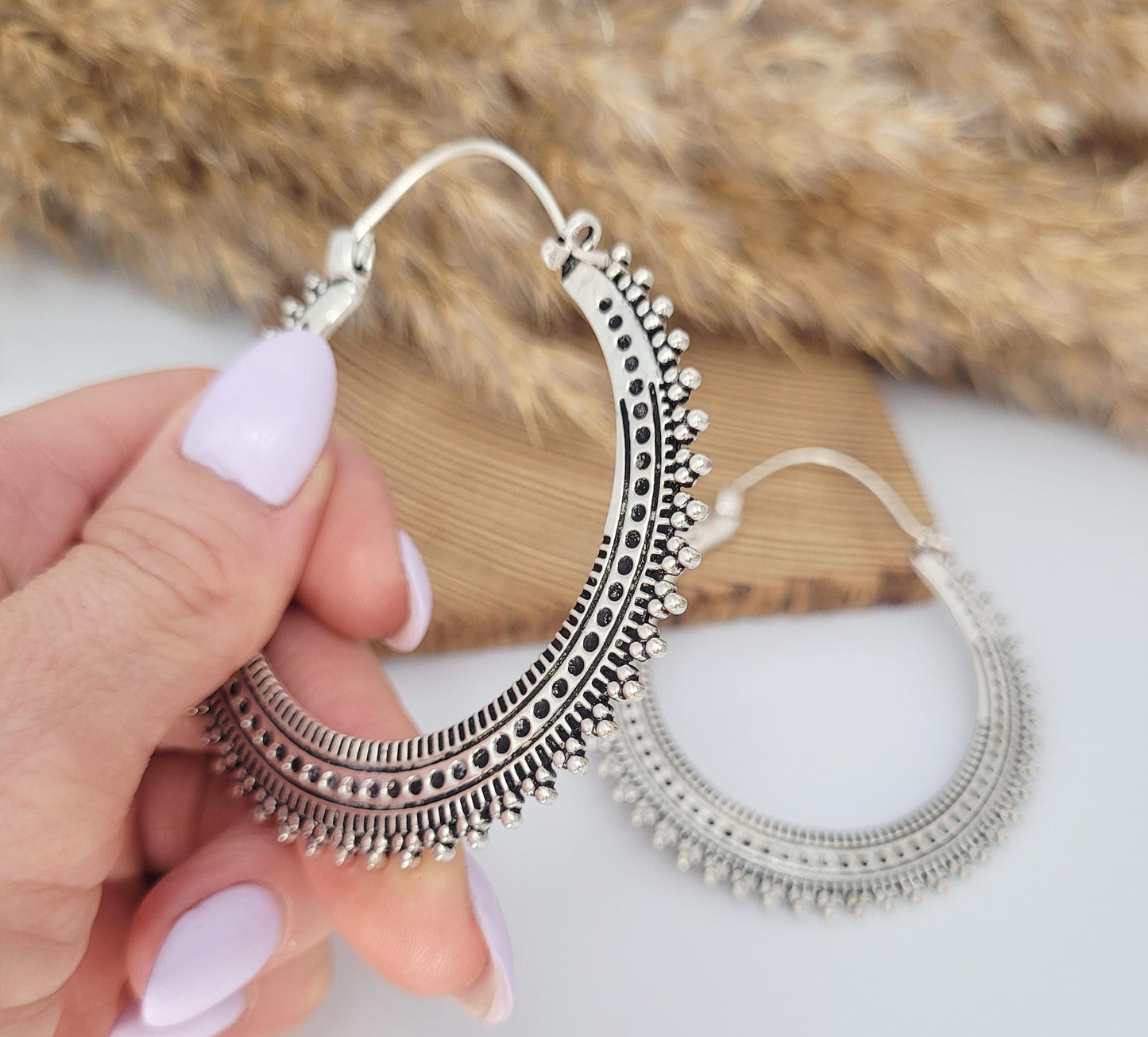 Silver large detailed hoops / Silver hoops / Ear weights / Festivals / Gypsy / Gift / Jewellery / Statement