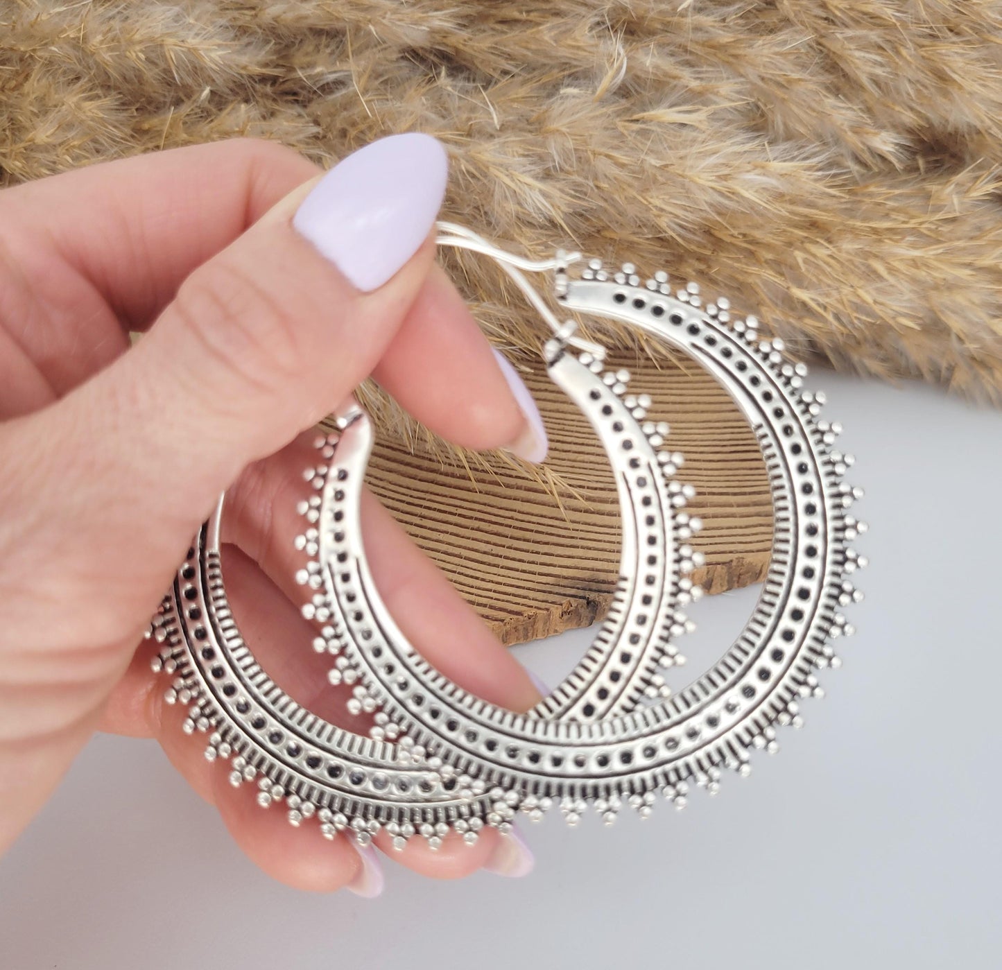 Silver large detailed hoops / Silver hoops / Ear weights / Festivals / Gypsy / Gift / Jewellery / Statement