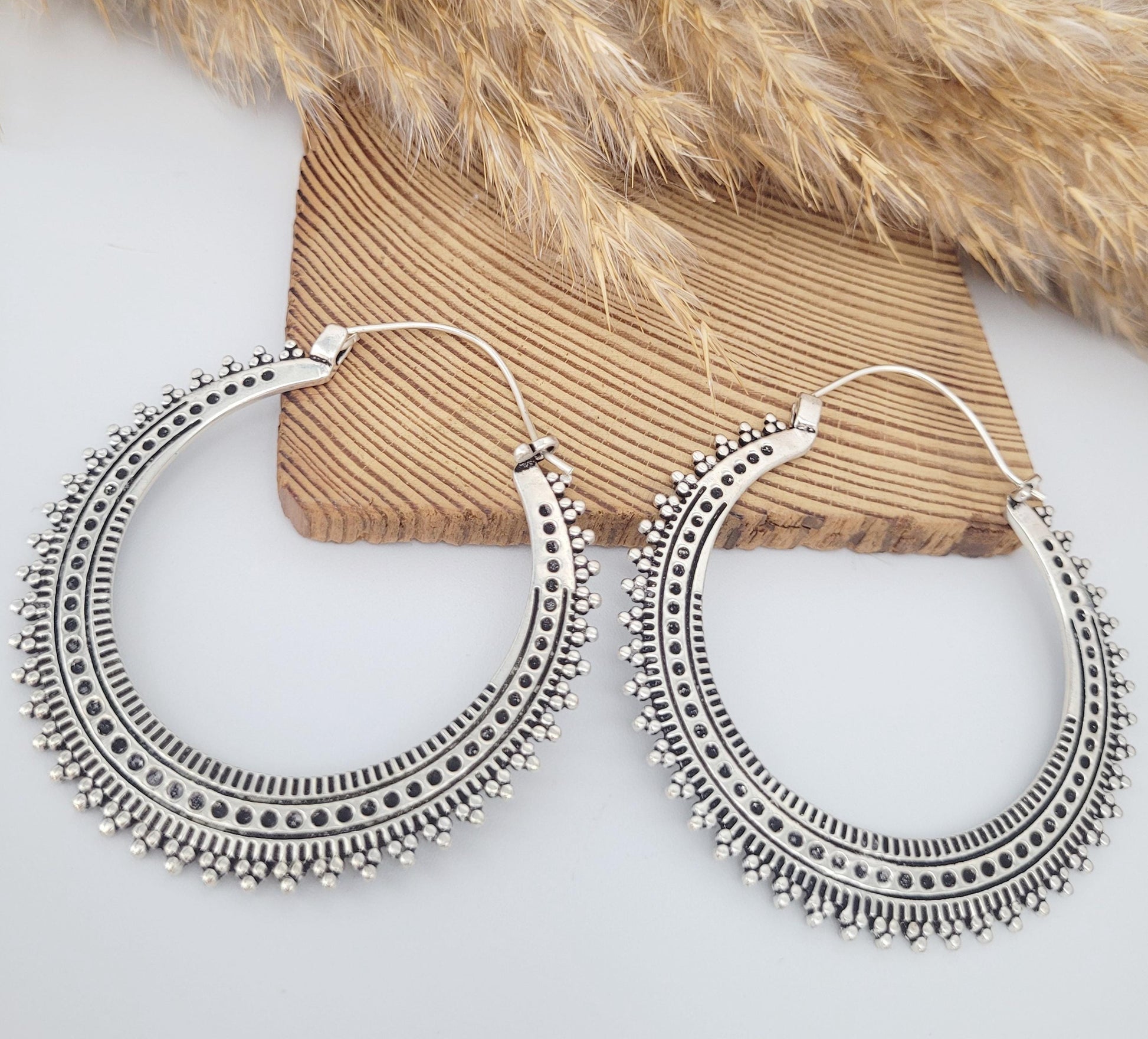 Silver large detailed hoops / Silver hoops / Ear weights / Festivals / Gypsy / Gift / Jewellery / Statement