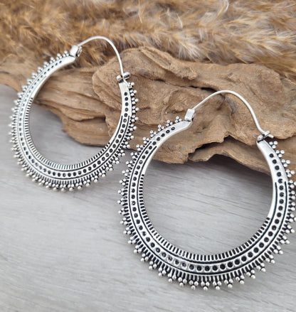 Silver large detailed hoops / Silver hoops / Ear weights / Festivals / Gypsy / Gift / Jewellery / Statement