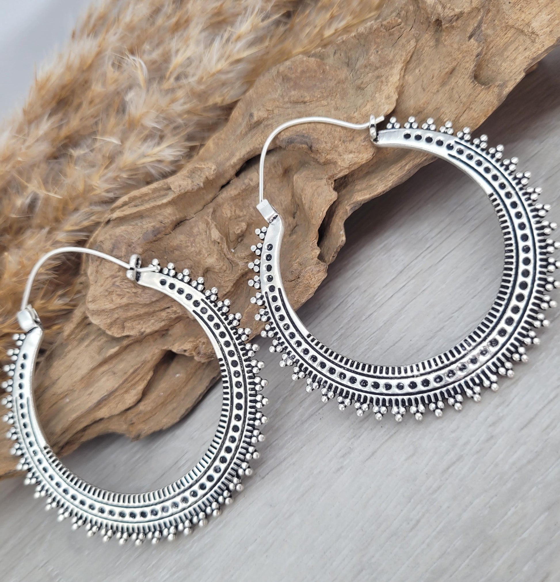Silver large detailed hoops / Silver hoops / Ear weights / Festivals / Gypsy / Gift / Jewellery / Statement