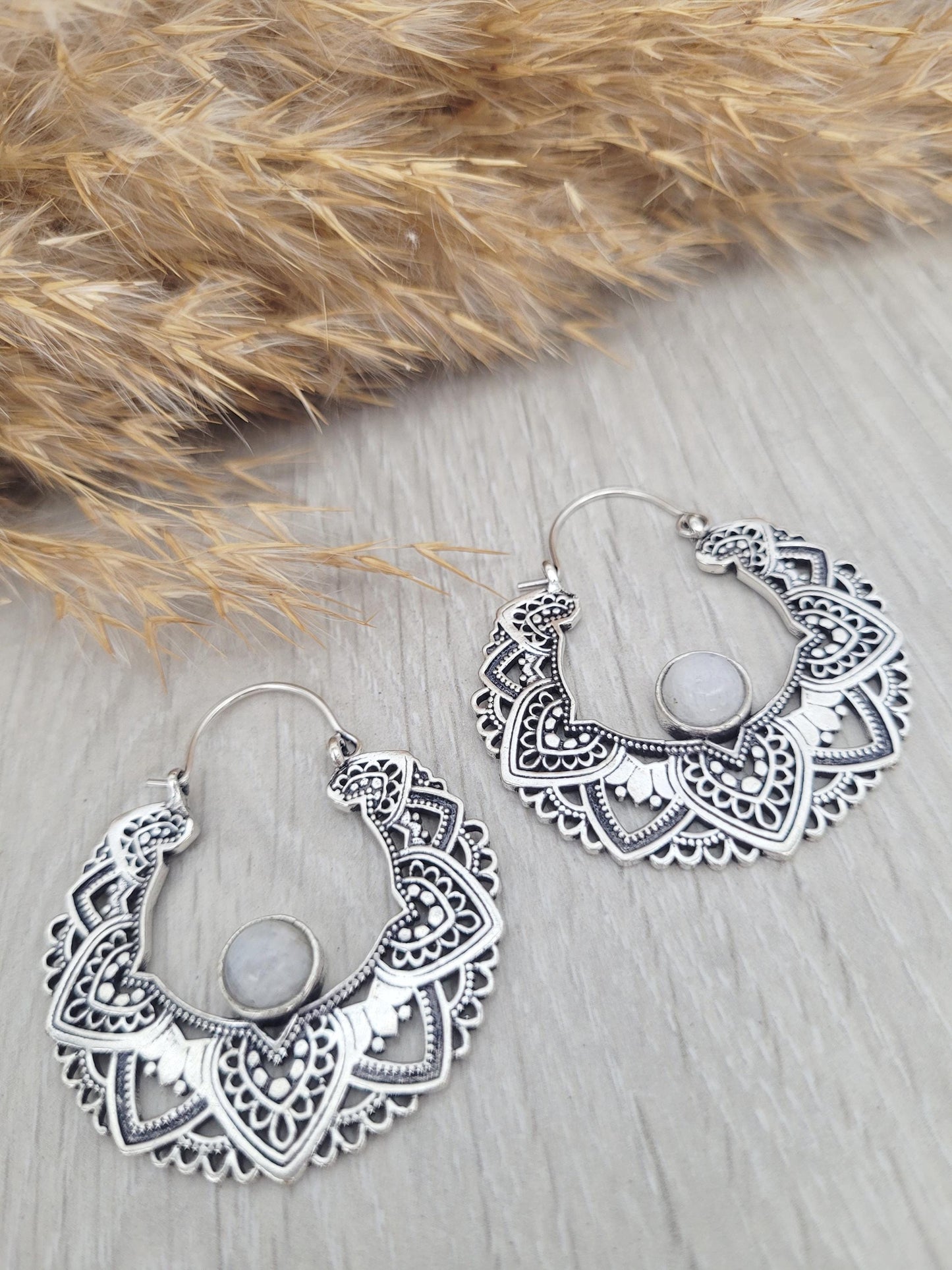 Silver moonstone earrings / Hoops / Detailed hoops / Statement / Gift / Unique / Large earrings