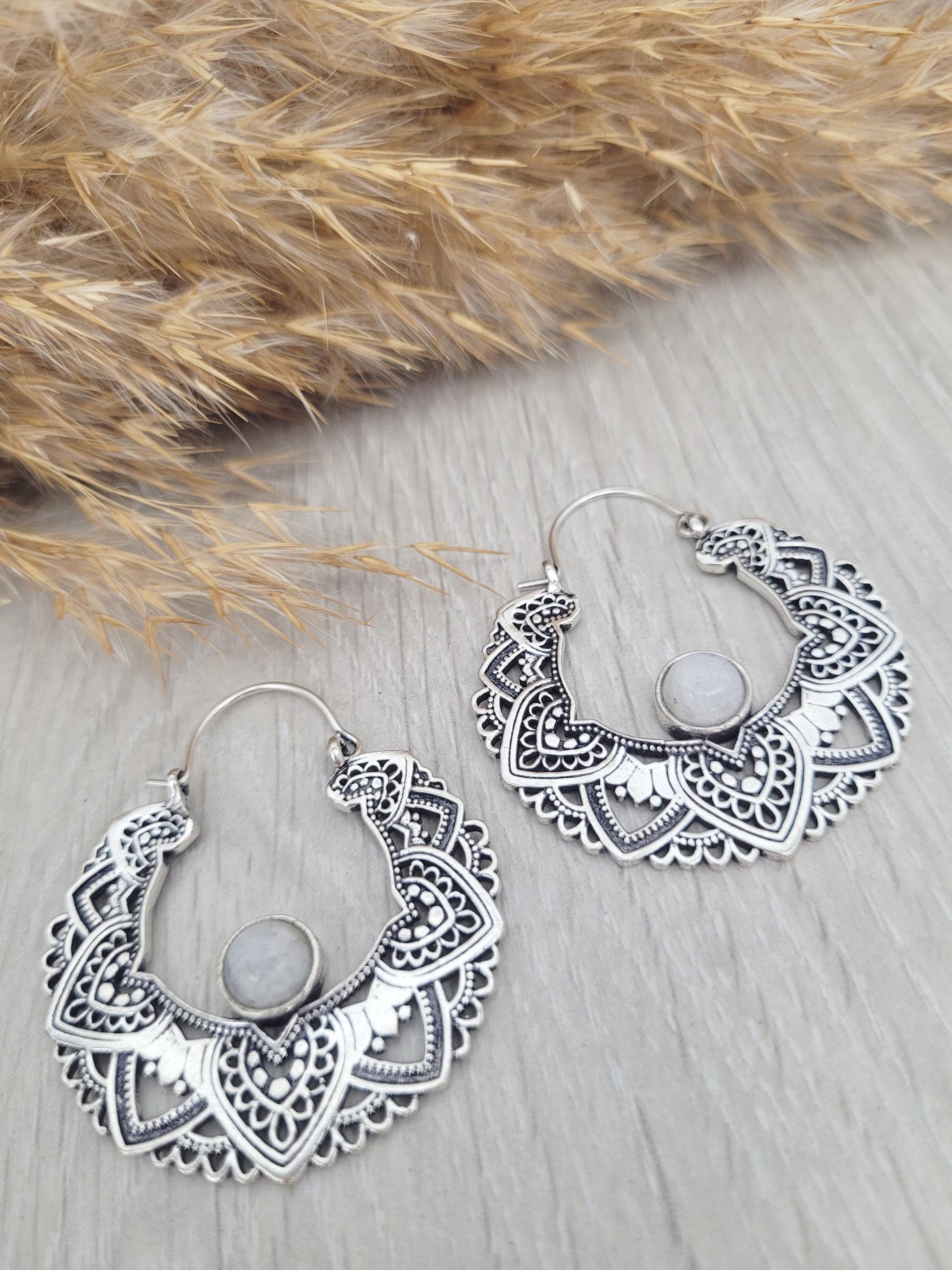 Silver moonstone earrings / Hoops / Detailed hoops / Statement / Gift / Unique / Large earrings