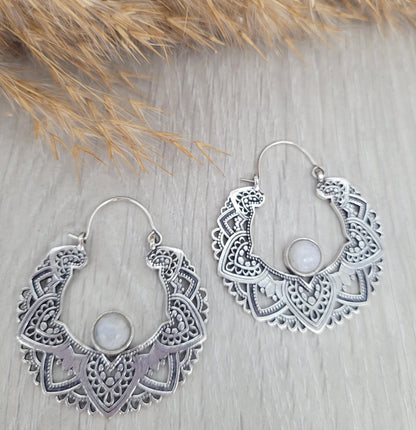 Silver moonstone earrings / Hoops / Detailed hoops / Statement / Gift / Unique / Large earrings