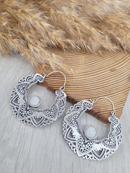 Silver moonstone earrings / Hoops / Detailed hoops / Statement / Gift / Unique / Large earrings