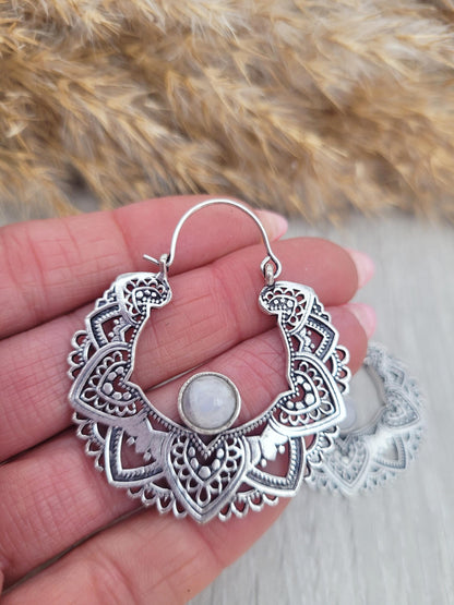 Silver moonstone earrings / Hoops / Detailed hoops / Statement / Gift / Unique / Large earrings