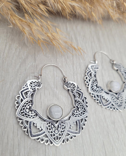 Silver moonstone earrings / Hoops / Detailed hoops / Statement / Gift / Unique / Large earrings