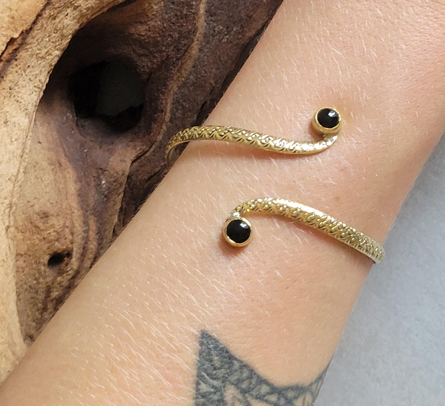 Brass Double Stone Cuff Bracelet: Elegant Minimalist Statement Jewelry