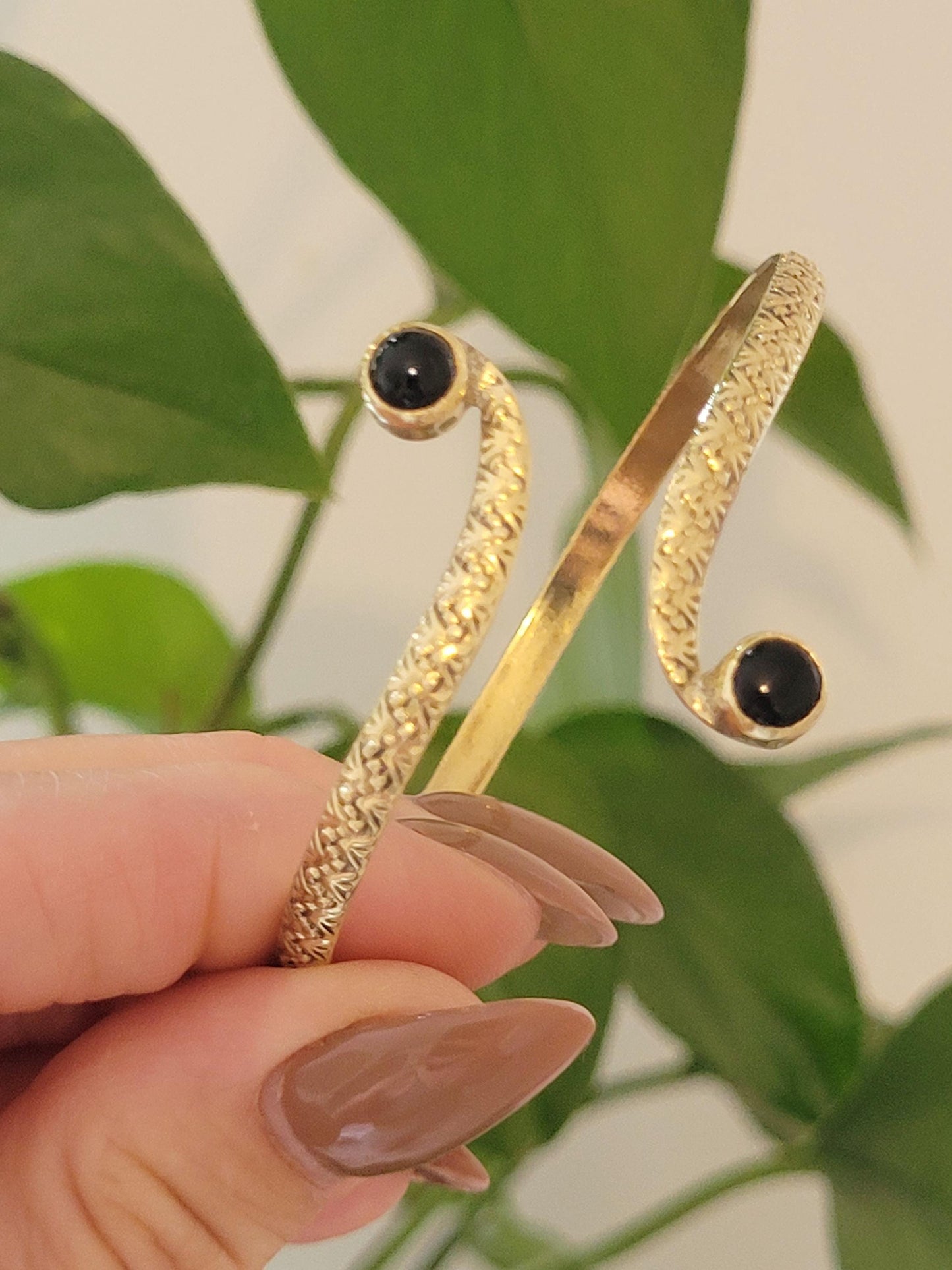 Brass Double Stone Cuff Bracelet: Elegant Minimalist Statement Jewelry