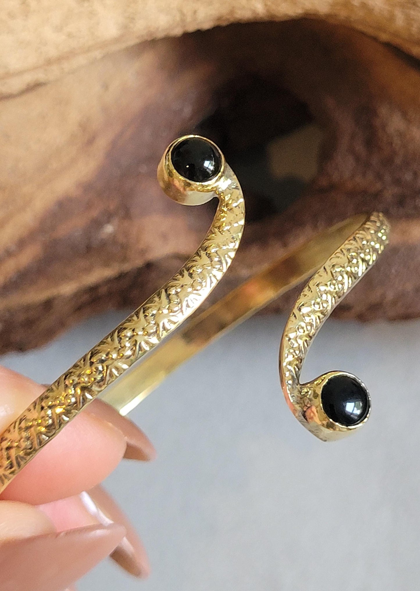 Brass Double Stone Cuff Bracelet: Elegant Minimalist Statement Jewelry