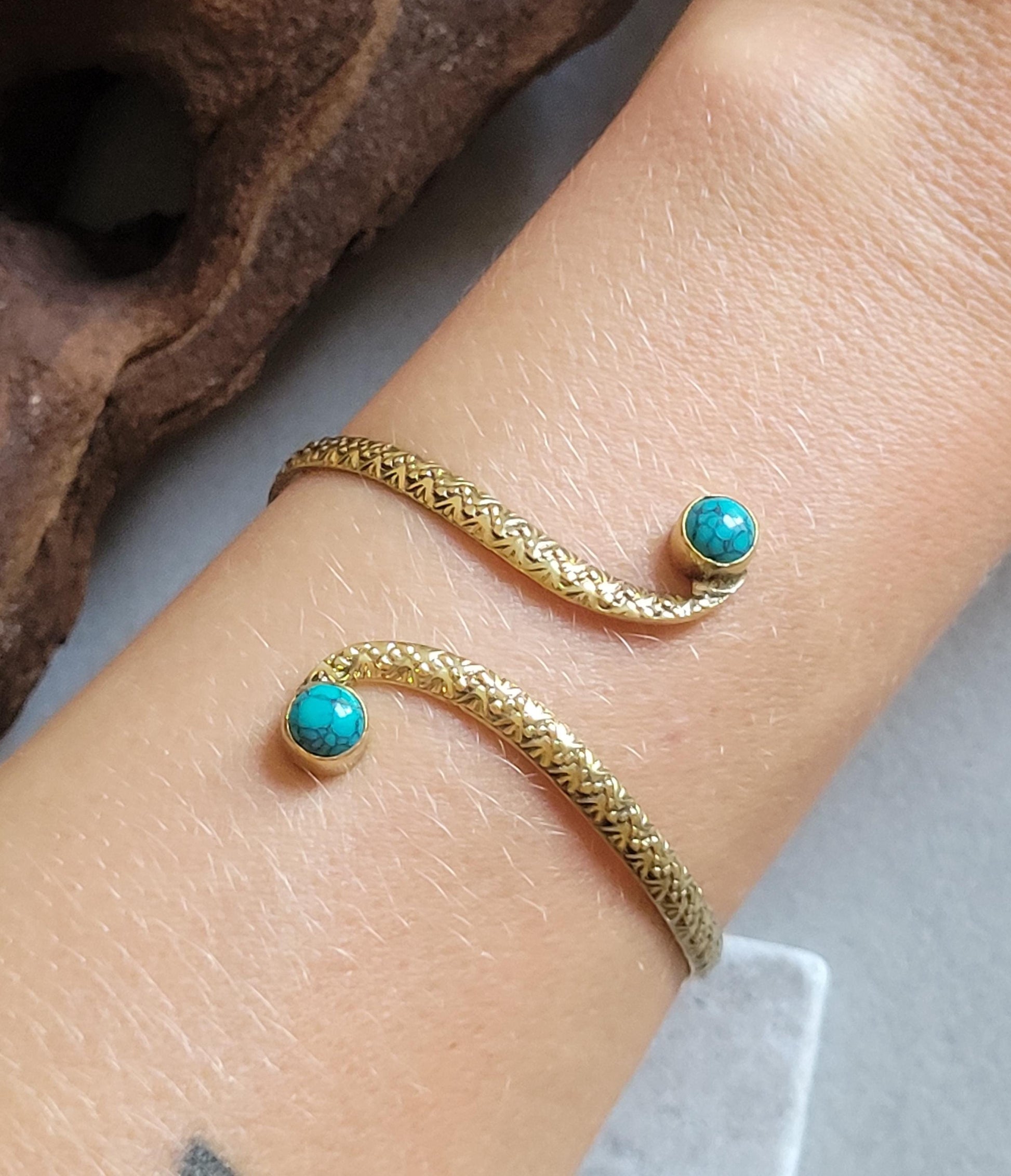 Brass Double Stone Cuff Bracelet: Elegant Minimalist Statement Jewelry