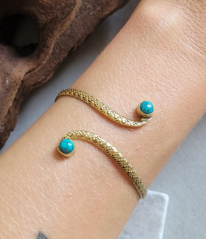 Brass Double Stone Cuff Bracelet: Elegant Minimalist Statement Jewelry