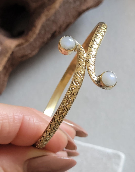 Brass Double Stone Cuff Bracelet: Elegant Minimalist Statement Jewelry