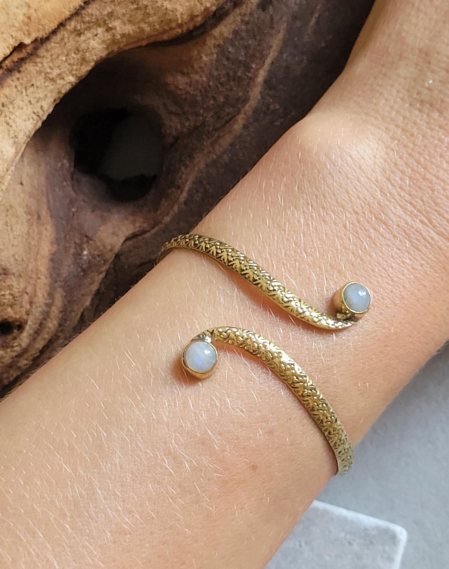 Brass Double Stone Cuff Bracelet: Elegant Minimalist Statement Jewelry