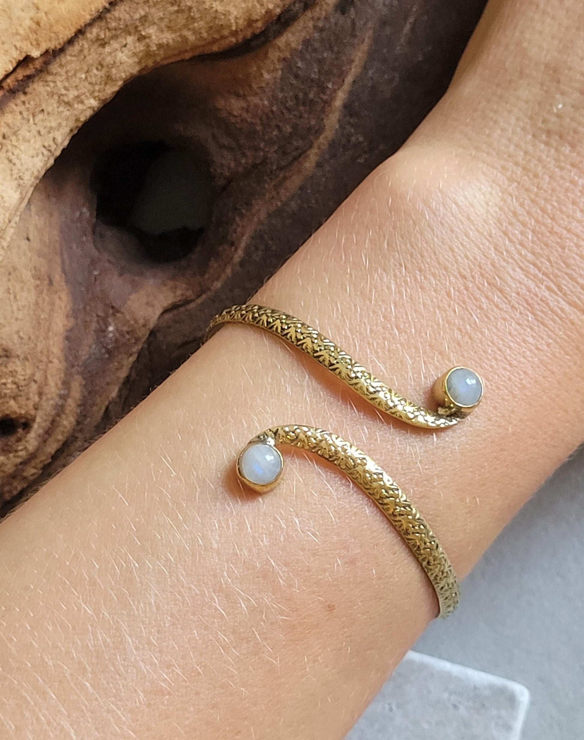 Brass Double Stone Cuff Bracelet: Elegant Minimalist Statement Jewelry