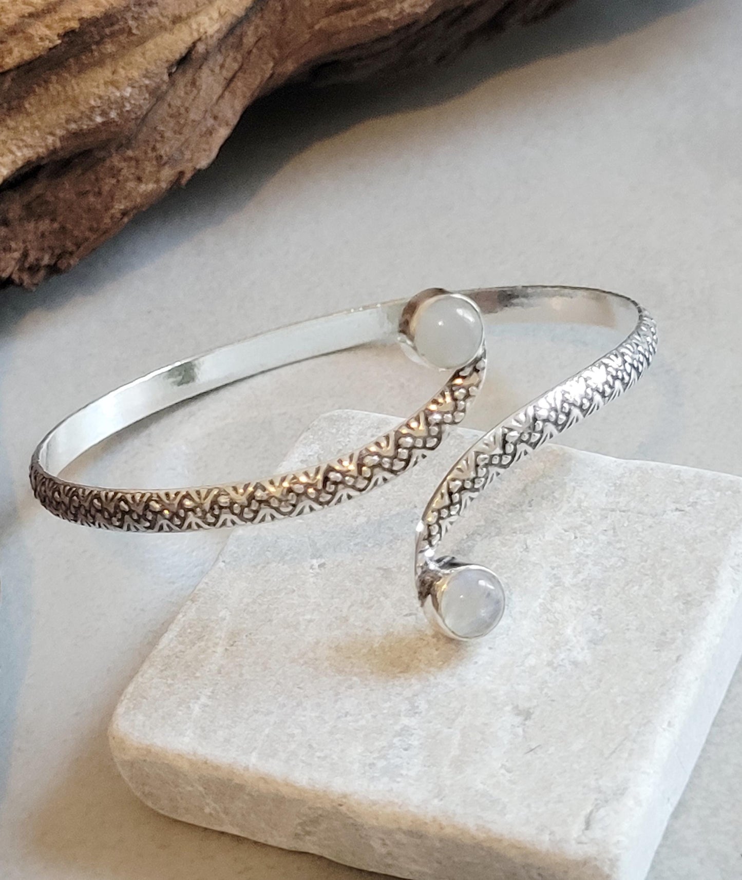 Silver Double Stone Cuff Bracelet: Elegant Minimalist Jewelry