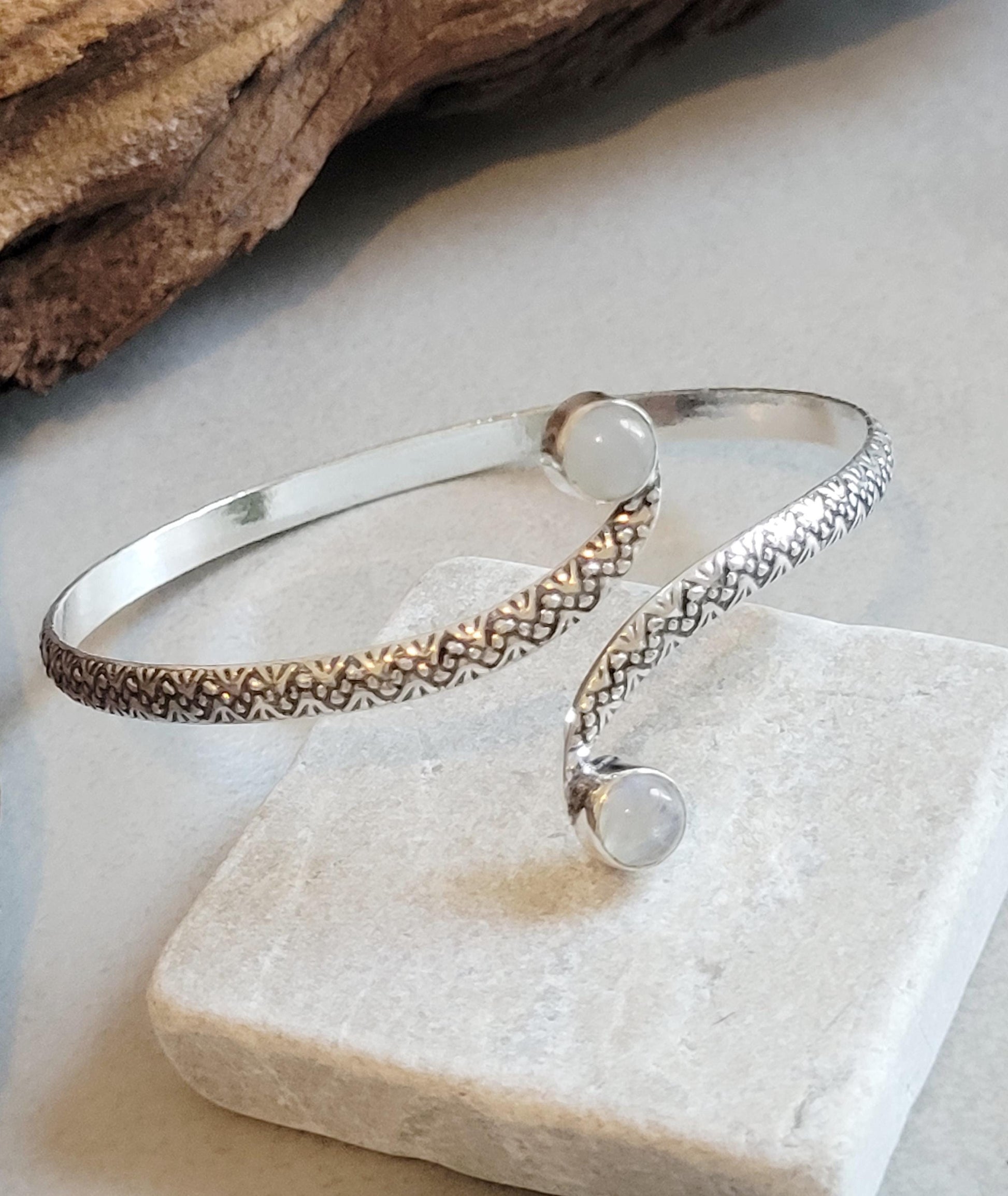 Silver Double Stone Cuff Bracelet: Elegant Minimalist Jewelry